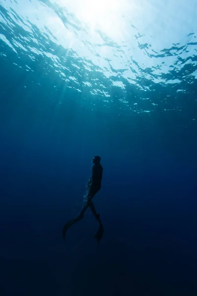 Freediver Swimming Deep Sea Sunrays Jovem Mergulhador Eploring Sea Life — Fotografia de Stock