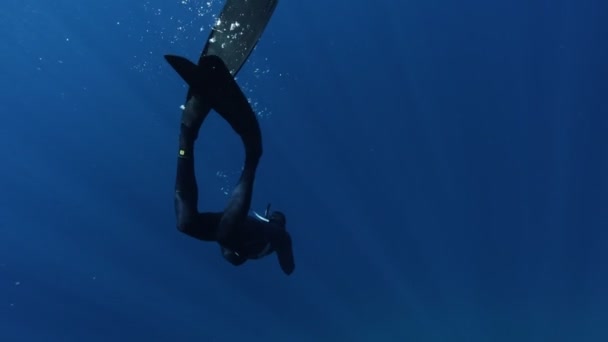 Freediver Swimming Deep Sea Sunrays Young Man Diver Eploring Sea — Stock Video