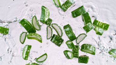 Aloe vera beyaz arka planda suyun altında dilimler.