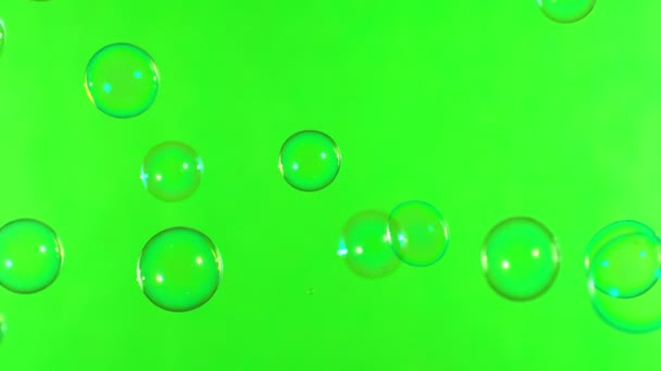 Сверхмедленное Движение Летающих Мыльных Пузырей Зеленом Фоне Экрана 1000 Кадров — стоковое видео
