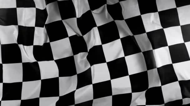 チェッカーレースフラッグ スローモーション 重いクローズアップ生地フラッターレーシングフラッグバック F1フラッグカーモータースポーツ — ストック動画