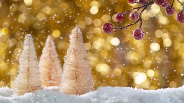 Рождественский Натюрморт Огнями Боке Падающими Снежками Super Slow Motion Снят — стоковое видео
