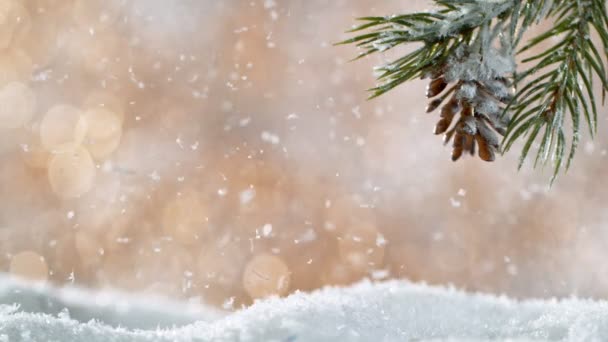 Kerst Stilleven Met Bokeh Lichten Sneeuwvlokken Vallen Super Slow Motion — Stockvideo