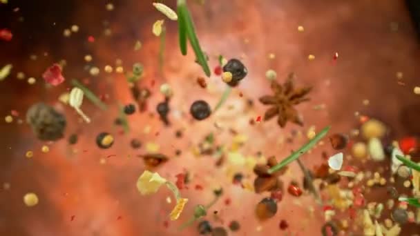 Fotografiere Super Lentă Diferitelor Condimente Zburătoare Rotative Filmat Cameră Cinema — Videoclip de stoc