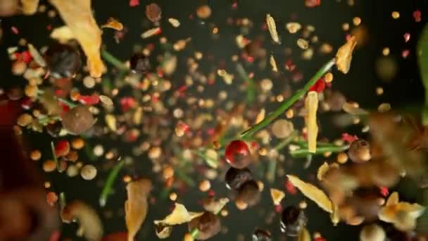 Super Slow Motion Shot Van Vliegende Roterende Verschillende Kruiden Gefilmd — Stockvideo