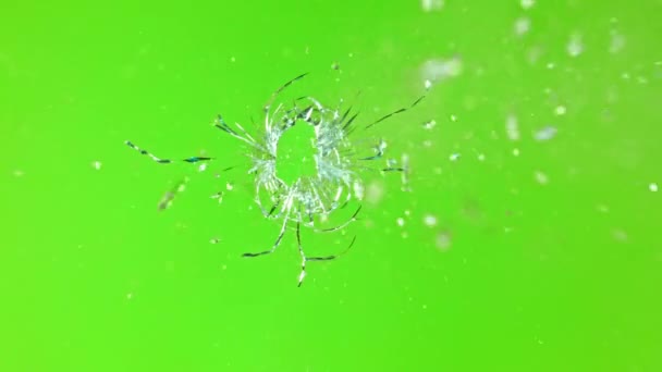 グリーン スクリーンの背景に対して粉砕するガラスを通した銃声の極度の遅い動き 高速映画館のカメラで撮影された 1000 Fps — ストック動画