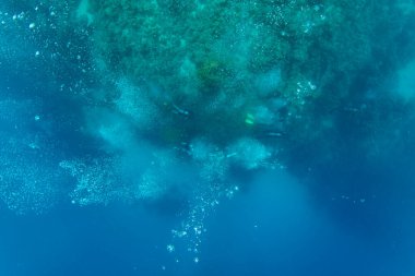 Denizin altındaki kabarcıklar yüzeye yükseliyor. Dalgıçlarla dolu sualtı dünyası.