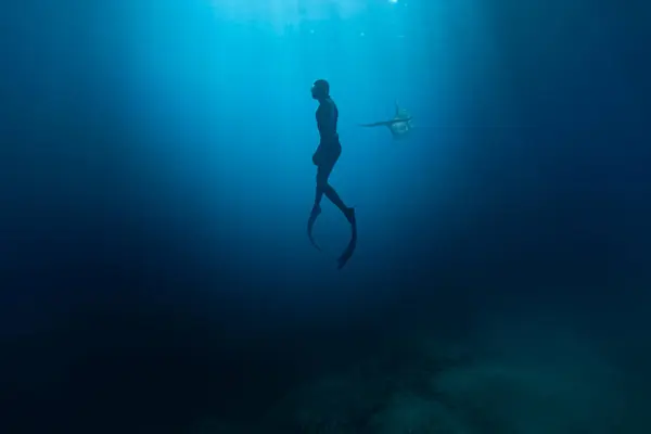 Фрідайвер Плаває Глибокому Морі Сонячними Променями Молода Людина Дінвер Морське Стокове Зображення