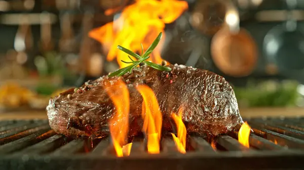 Close Tasty Raw Beef Steak Cast Iron Grate Fire Flames Stock Photo