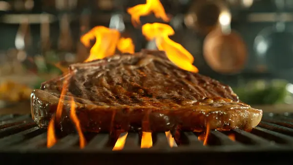 Close Tasty Raw Beef Steak Cast Iron Grate Fire Flames Stock Image