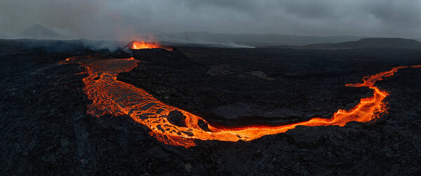 Beautiful aerial panoramatic view of active volcano, Litli - Hrutur, Iceland 2023