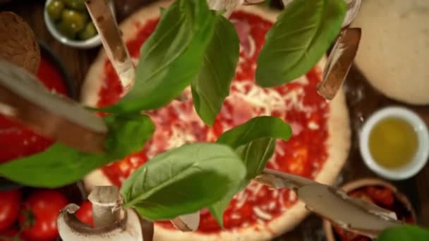 Super Slow Motion Falling Basil Leaves Mushrooms Pizza Dough Camera — Wideo stockowe
