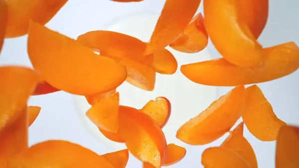 Fresh Apricots Pieces Falling Cream Top View Fotos De Stock Sin Royalties Gratis