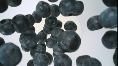 Fresh pieces of blueberries falling into milk, top down view, black background clipart
