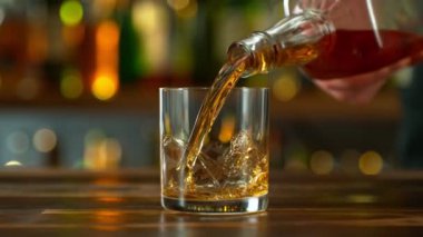 Viskiyi bardağa doldurmanın süper yavaş hareketi. Yüksek Hız Sinema Kamerasında 1.000 fps, Kamera Hareketi 'nde çekilmiştir. .