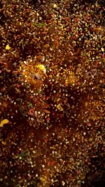 Uçan ve Dönen Çeşitli Baharatların Süper Yavaş Çekimi. Yüksek Hız Sinema Kamerası, 1000fps.