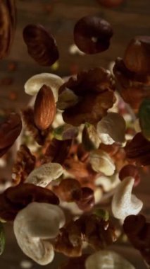 Çeşitli fıstıkların düşüşü, yakın çekim, geniş süper makro çekim, kamera hareketi ve dönüşüyle. 1000 fps yükseklikte yüksek hızlı sinematik kamera ile çekilmiştir.