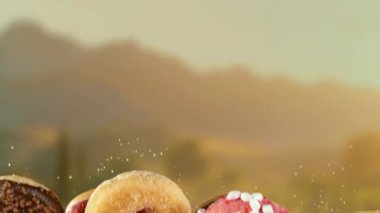 Süper Yavaş Uçan Lezzetli Donutlar ve kamera hareketi. Yüksek hızlı sinema kamerası, 1000 fps..