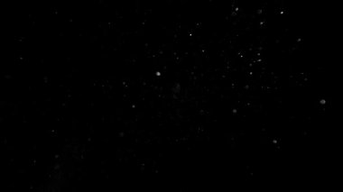 Siyah zemin üzerinde izole edilmiş toz parçacıkları uçuşuyor. Yüksek hızlı kamera, 1000 fps.