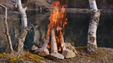 Göl kenarındaki Birch Trees ile Kamp Ateşi, Otantik Ses