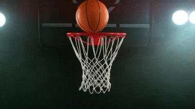 Basketbol topunun sepete vuruşunun süper yavaş çekimi. Yüksek hızlı sinema kamerası, 1000 fps, kamera hareketi.