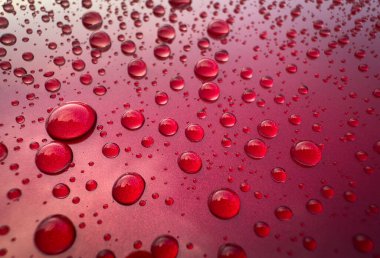 Arabadaki kırmızı metalik boya üzerine güzel su damlaları. Yansımalar ve Büyük Damlalar