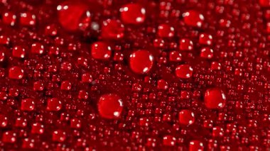 Kırmızı araba kaputuna yağmur damlaları yavaşça düşüyor, yakın plan.