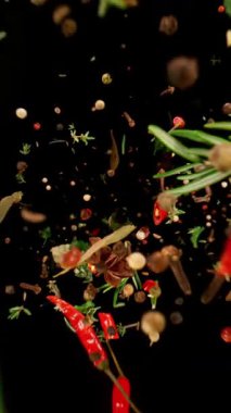 Uçan Karışık Baharatların Süper Yavaş Çekimi. Yüksek hızlı sinema kamerası, 1000fps .