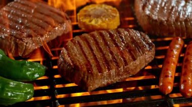 Kükreyen Alevlerle Mangalda Mangal Et Yavaş Hareketi. Kamera Hareketi, Yüksek Hız Sinema Kamerası 'nda 1000 FPS' de çekildi. .