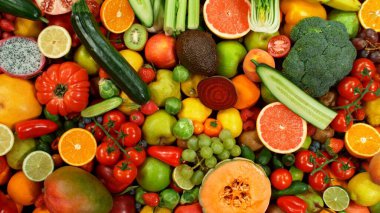 Farklı Taze Meyve ve Sebze Türleri Bir Yığın Üzerinde, Yakın plan