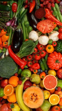 Farklı Taze Meyve ve Sebze Türleri Bir Yığın Üzerinde, Yakın plan