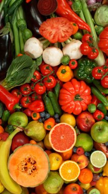 Farklı Taze Meyve ve Sebze Türleri Bir Yığın Üzerinde, Yakın plan