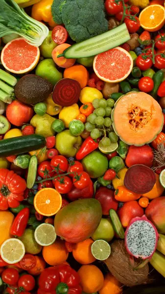 Farklı Taze Meyve ve Sebze Türleri Bir Yığın Üzerinde, Yakın plan