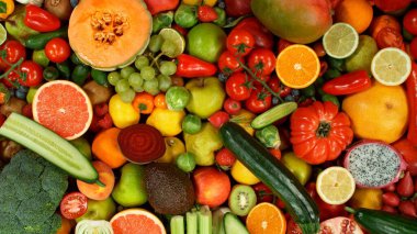 Farklı Taze Meyve ve Sebze Türleri Bir Yığın Üzerinde, Yakın plan