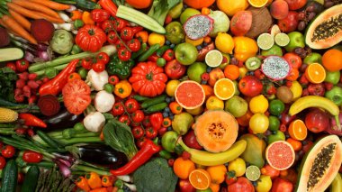 Farklı Taze Meyve ve Sebze Türleri Bir Yığın Üzerinde, Yakın plan