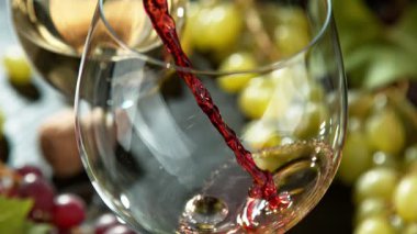 Bir bardağa dökülen kırmızı şarabın süper yavaş çekimi. 1000 fps hızla yüksek hızlı bir kamerayla çekildi.