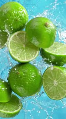 Limonların üzerine düşen suyun süper yavaş çekimi. Yüksek hızlı sinema kamerası, 1000 fps..