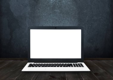 Tahta masadaki boş ekranlı dizüstü bilgisayar. Teknoloji ve iş konsepti. 3d oluşturma