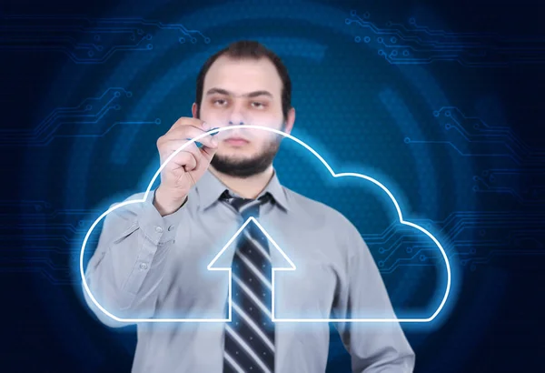 Affärsman Ritning Hud Digital Skärm Med Cloud Computing Interface Globalt — Stockfoto