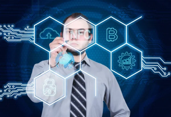 Businessman Drawing Virtual Hexagons Hologram Digital Business Icons Virtual Reality — Stockfoto