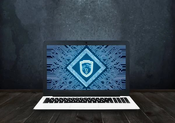 Hud blue shield icon on laptop screen. Virtual reality and global networking concept. 3d rendering