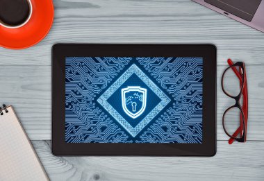 Digital tablet computer with shield lock and mother board interface on screen. Storage of personal data concept. 3d rendering
