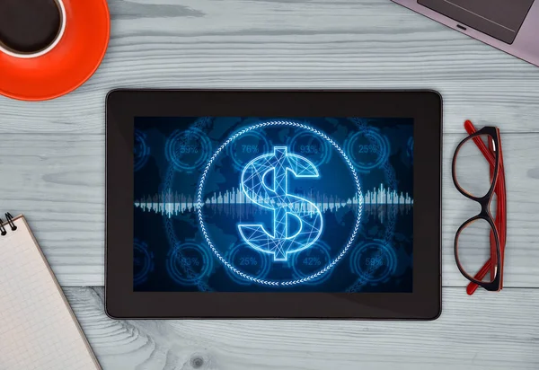 Digitális Tabletta Izzó Virtuális Dollár Szimbólum Állomány Adatok Százalékos Diagramok — Stock Fotó