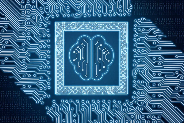 Interface with circuit board and human brain. Concept Cpu in motherboard of computer system. Technology and microchip concept