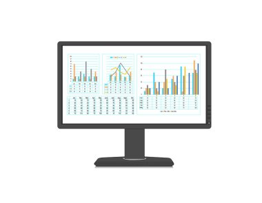 Ekranda iş haritaları ve grafikleri olan bilgisayar monitörü. Modern istatistik arayüzü kavramı. Vektör illüstrasyon tasarımı