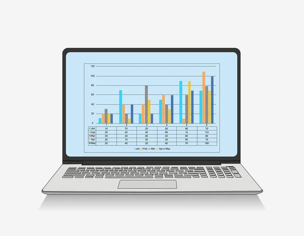 白い背景にチャートやグラフ画面を持つノートパソコン 分析ビジネス会計の概念 ベクターイラストデザイン — ストックベクタ
