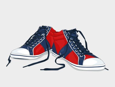 Beyaz arka planda bağcıkları çözülmemiş kırmızı ayakkabılar. Vektör illüstrasyonu.