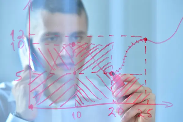 Businessman Hand Drawing Financial Chart Glass Screen Analyzing Data Checking — Stock Photo, Image