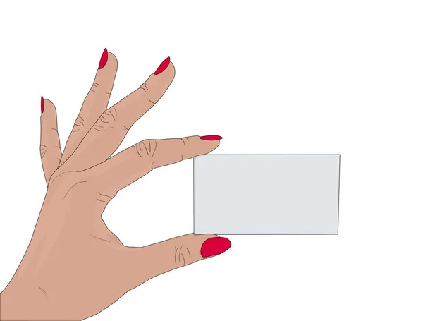 Mulher Mão Segurando Cartão Visita Branco Fundo Branco Desenho Ilustração —  Vetores de Stock