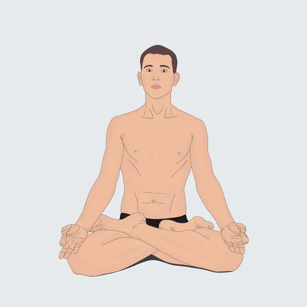 Homem Relaxado Senta Lotos Asana Conceito Meditação Relaxamento Fitness Desenho —  Vetores de Stock